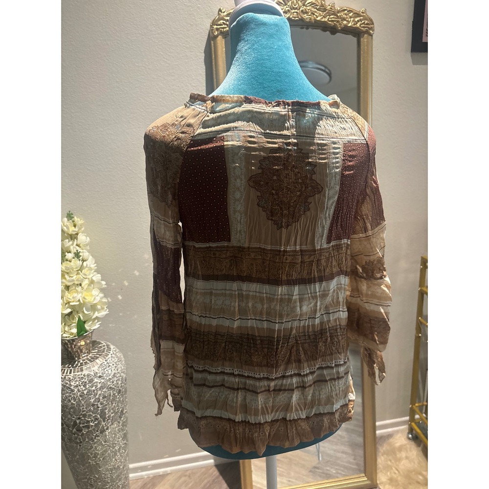 Boho Patchwork‎ Print Tie Front Cardigan Brown Paisley Bell Sleeve Top - Picture 3 of 4